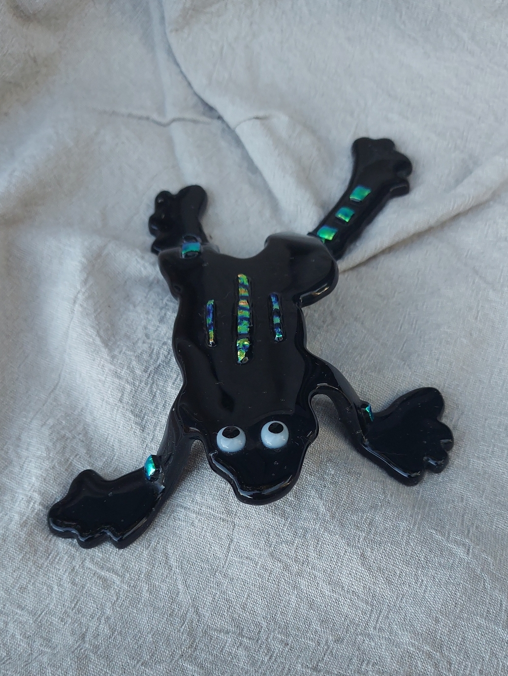 8" Fused Glass Frog Sculpture – Black Art Glass with Iridescent Dichroic Accents